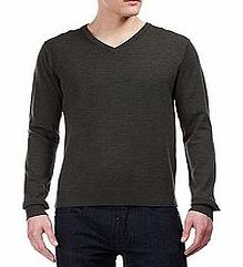 Khaki green Merino blend V-neck jumper