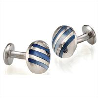 Seven London Silver Round Blue MoP Striped Cufflinks by