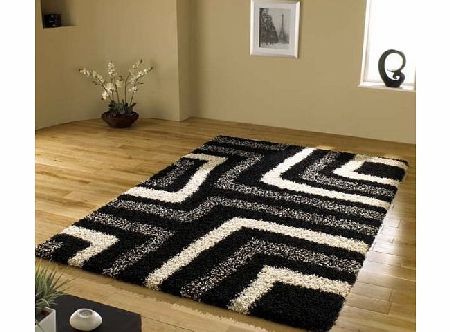 Shaggy Rug Tides Black Cream Grey Modern Shaggy Home Rug 4 SIZES AVAILABLE, 80x150cm (2ft9x 5ft0)