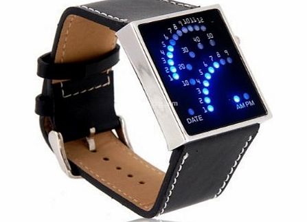 ShoppeWatch Black LED Sports Watch Unisex Faux Leather Band Blue Backlit Fan Dial - BLUFAN