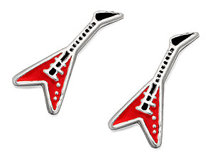 SILVER Red Enamel Electric Guitar Earrings 13mm