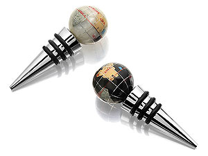 Silver Semi Precious Stone Black and White World Globe Bottle Stopper Set 011889