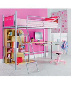 High Sleeper/Sprung Mattress/Shelving/Desk - Fuschia