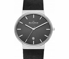 Skagen Mens Ancher Black Leather Strap Watch