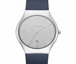 Skagen Mens Grenen Dark Blue Leather Strap Watch