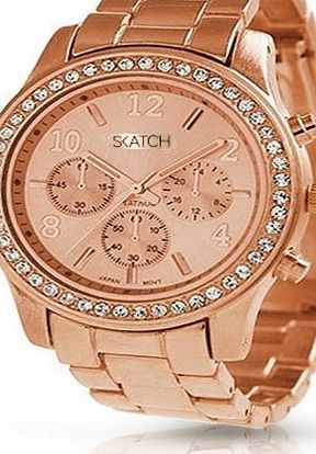 SKATCH Rose Gold CZ Crystal Rhinestone Chronograph Boyfriend Watch   Free Watch Box