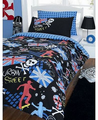 SKATER URBAN STREET SKATER UNION JACK SKULLS SINGLE BED DUVET COVER QUILT BEDDING SET