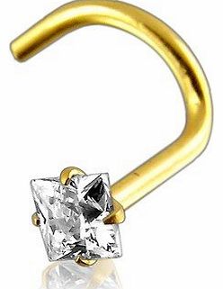 SkinArt Nose Stud Screw Piercing Body Jewellery, 9 ct Yellow Gold, Square White Stone