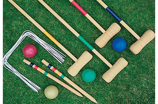 NEW 4 PLAYER COMPLETE WOODEN CROQUET SET OUTDOOR GARDEN MALLET BALLS TOY FUN GAME