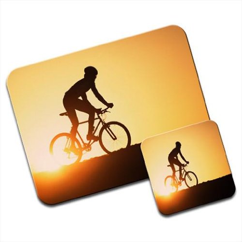 Snuggle Silhouette of Man Riding Mountain Bike at Sunset Premium Mousematt 