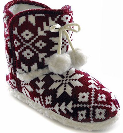 SlumberzzZ Ladies Nordic Knit Pom Pom Boot Style Slipper FT0783 UK 7-8 Red