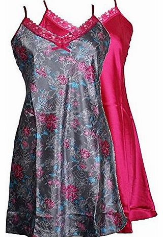 Sorbet 2 Pack Ladies Satin Chemises - Fuchsia/Charcoal - Sizes 8 - 20 (18)