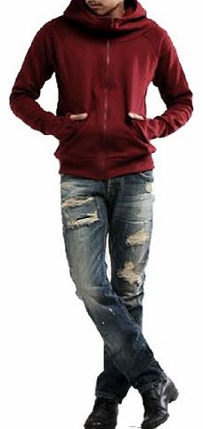 Men Thumbhole Long Sleeve Hooded Zip up Sweatshirt Burgundy M