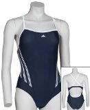 adidas Girls 3 Stripe Swimsuit Absolute/White