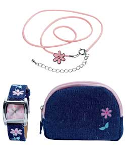 Spirit Girls 3 Piece Floral Denim Watch Set