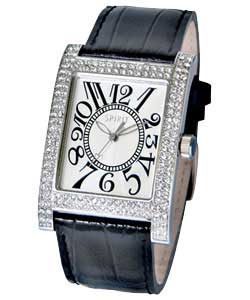 spirit Ladies Black Strap Watch with Stone Set Case