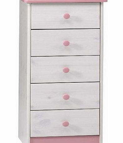 Steens Kids 5-Drawer Narrow Pine Chest of Drawers, Whitewash/Pink Finish