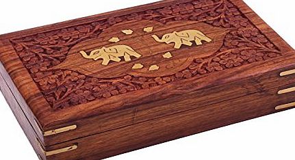 Store Indya Diwali Gifts Floral Hand Carved Wooden Jewellery Trinket Holder Keepsake Storage Box Organiser with Elephant Brass Inlay amp; Velvet Interior