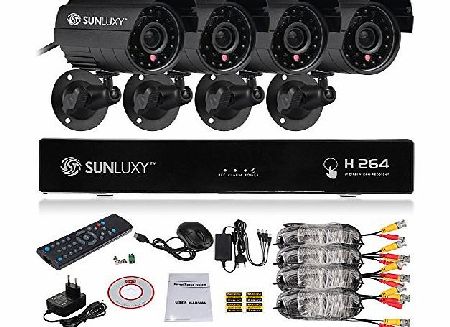 SUNLUXY 8 Channel D1 DVR H.264 Realtime Digital Video Recorder HDMI   4 Indoor / Outdoor Weatherproof Bullet Security 600TVL Cameras IR Day Night Vision Home CCTV Surveillance System Kit