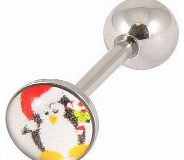 Christmas Logo Tongue Bar. Tongue Stud. Penguin. Surgical Steel. 1.6mm x 14mm. 8mm Logo (standard)