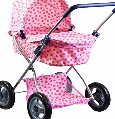 The Magic Toy Shop 4 Wheels Dolls Pram Spotty Stroller Navy Pushchair Buggy with Storage Basket (Pink)