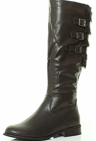 WOMANS LADIES BIKER RIDING KNEE HIGH FLAT HEEL BLACK BOOTS FUR SIZE 3 4 5 6 7 8 (UK 5, Black)