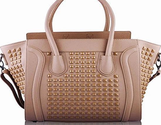 TrendStar Womens Designer Faux Leather Celebrity Style Studded Smile Tote Handbags Shoulder Bags (Nude Smile Studded)