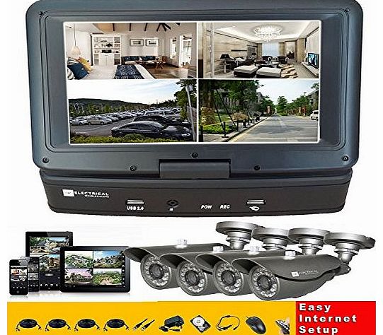 UKEW CCTV system 4X 900TVL , 7`` LCD Monitor, 4CH LCD/DVR COMBO 500GB Hard Drive