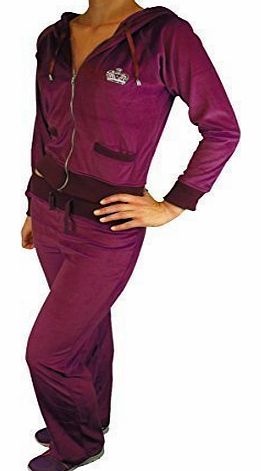 Ladies Womens Sexy Full Velour Tracksuit Jogging Hoody Suit Diamante Crown 8