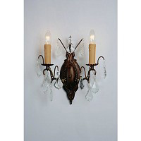 This is a stunning bronze wall light with clear crystal droplets and candle style light bulb holders