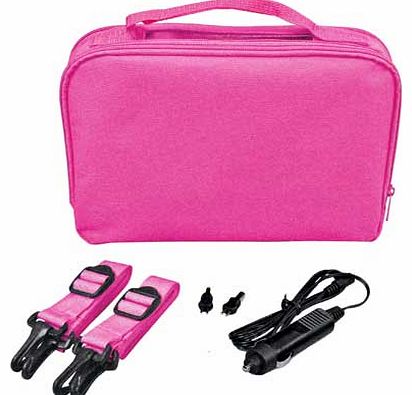 Perfect for keeping the kids entertained in the car. this pink Gadget Bag comes with plenty of accessories. Including a car charger ad carry handle for easy transportation. it also converts to a car mount with a mounting strap suitable for DVD player