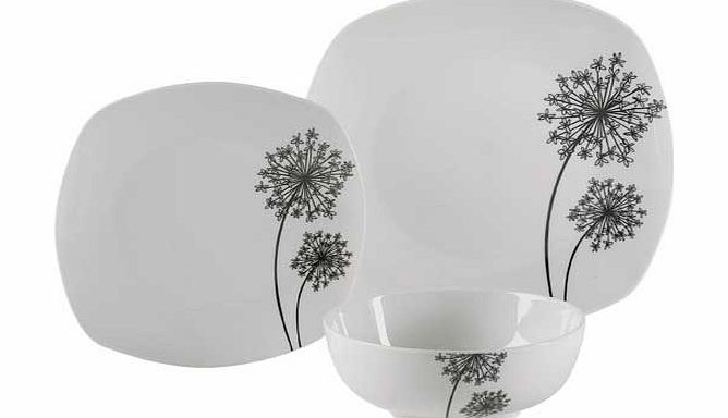 Smarten up your dinner table with this 12-piece porcelain set of dining essentials. featuring a simple black allium design. Porcelain. 4 place settings. 4 dinner plates. 4 side plates and 4 bowls. Dinner plate diameter 25cm. Side plate diameter 18.5c