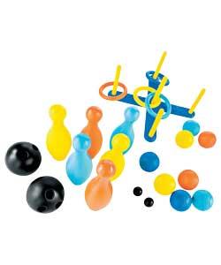 Contains ring toss game, boules and skittles. For ages 3 years and over