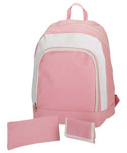 Set includes backpack, pencil case and wallet.Polyester.Backpack1 external pocket.Size (H)39, (W)33,