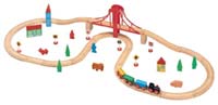 wooden train set with suspension bridge