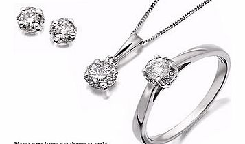 A sparkling total of 3/4ct for this beautiful white gold gift set - a 1/4ct diamond solitaire ring, a matching 1/4ct diamond pendant strung on an 18 chain, plus classic 1/4ct stud earrings - a set that will be cherished for a lifetime.