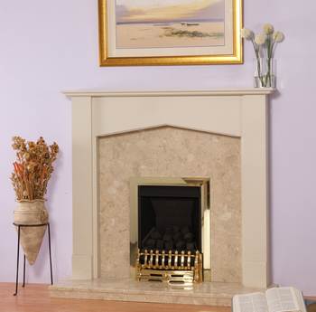 Simple, textured stone-effect surround.
Botticino backpanel & 48`` botticino hearth.
Choice of 4