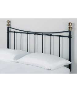 Black powder coated metal headboard with brass effect finials.Adjustable struts.Size (W)143.5,