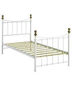 Headboard and footboard in an ivory powder coated finish.Brass effect finials. Includes solid metal