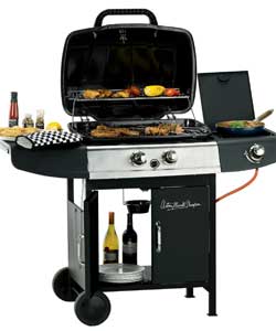 Master 2 burner gas bbq with side burner.Temperature gauge and electronic ignition.Hose and regulato