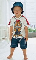 Comprises cowboy t-shirt, denim shorts and denim hat. Washable. Cotton