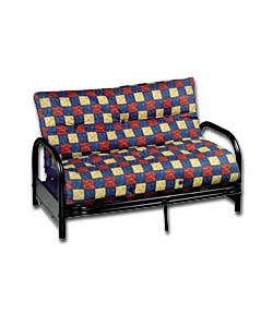 Cadiz Black Metal Futon with Blue Multi-Check Mattress