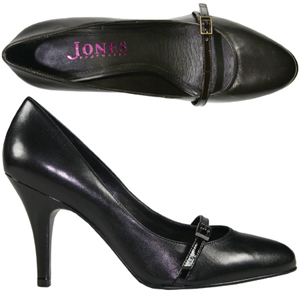 A classic Court shoe from Jones Bootmaker. Features thin decorative strap across the front, almond s