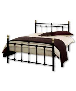 Matt black colour bedstead with antique bronze finials.Metal frame.Pillowtop mattress.Overall size