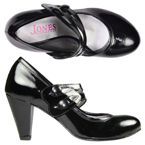 A Patent Mary-Jane style Court shoe from Jones Bootmaker. Features stylish strap across the uppers, 