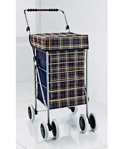 Navy check.Metal frame with polyester bag and EVA and PP wheels.Pockets.Detachable inside pocket.Adj