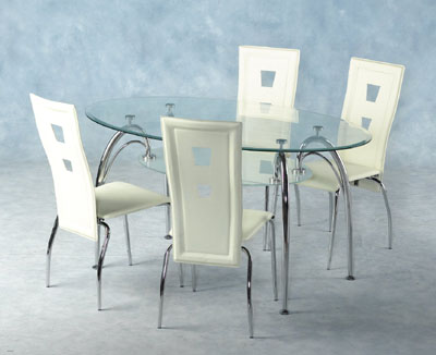 A MAGNIFICENT OVAL TABLE 5x3 WITH CURVED CHROME LEGS AND FROSTED GLASS SHELF COMPLIMENTED BY FOUR