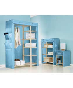 Comprises double wardrobe with shelving, 3-tier shelf and 1-drawer cabinet with bottom slatted