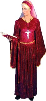 Costume consists of long velveteen robe with gold brocade finishing and flared sleeves.