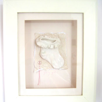 Unbranded Framed Baby Sock cast in Porcelain with favourite Keepsakes